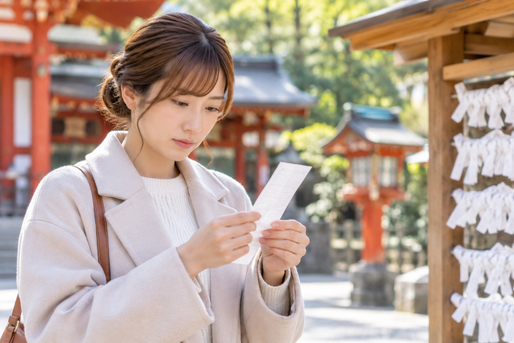 凶のおみくじを引いたあと内容を確認している様子