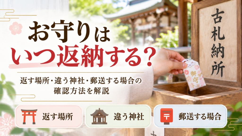 お守りの返納方法をイメージした神社の古札納所とお守り