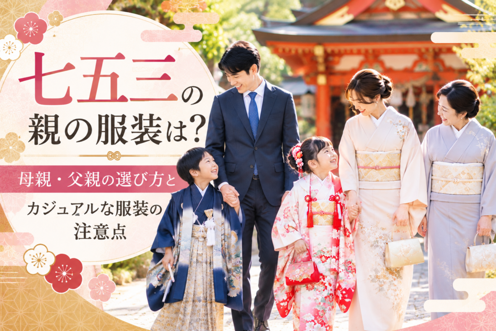 七五三の親の服装で正装した家族が神社を参拝する様子