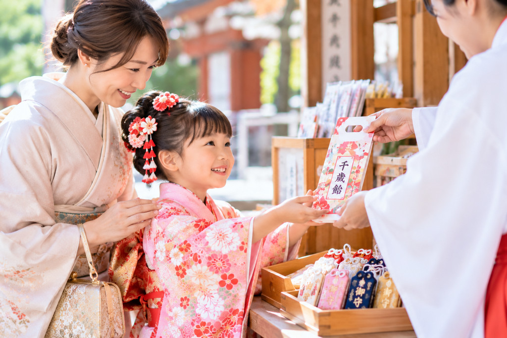 七五三で着物姿の子どもが神社で千歳飴を受け取る様子