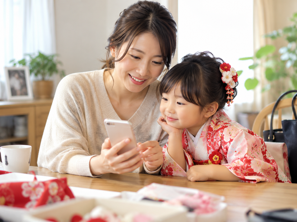 七五三の神社予約についてスマートフォンで確認する様子