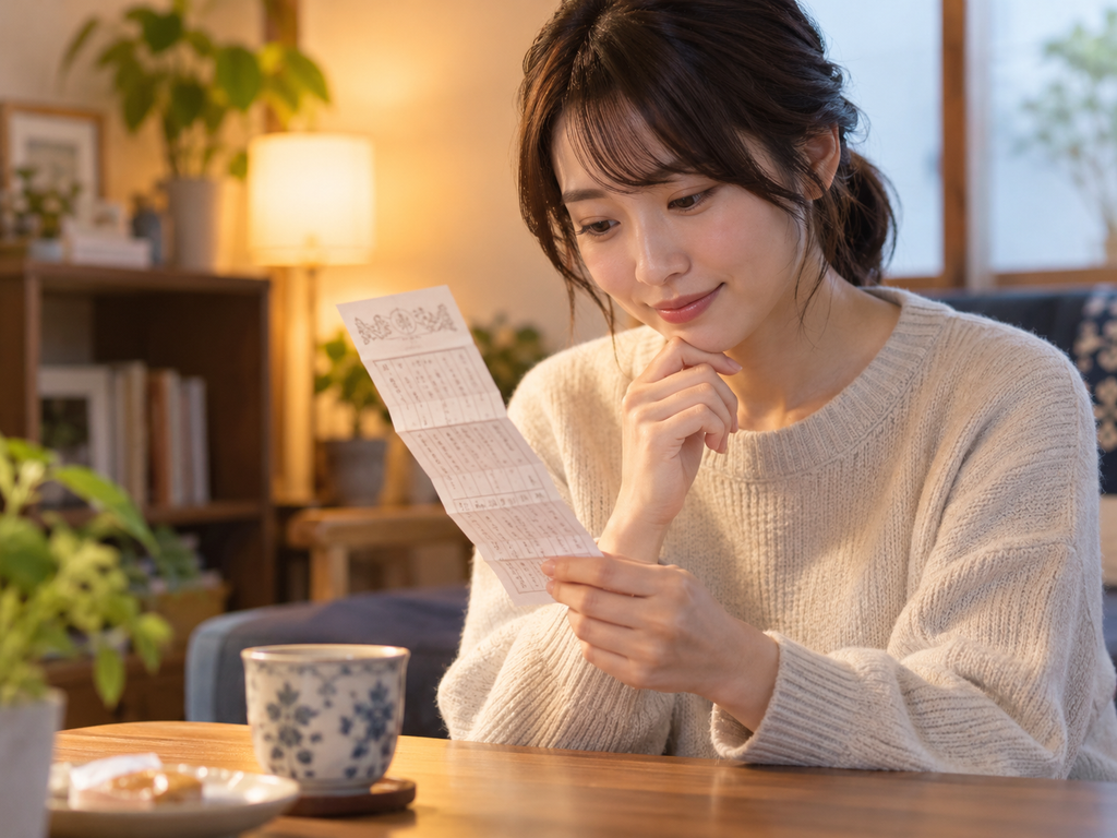 持ち帰ったおみくじの内容を落ち着いて読み返している様子