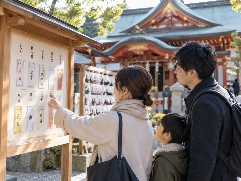 神社ごとに異なるおみくじの種類や順番を確認する様子