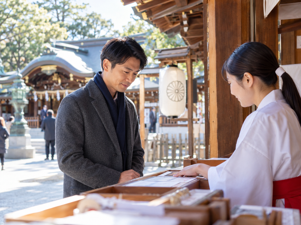 2027年に男性の大厄を迎える人が神社で厄払いについて確認する様子