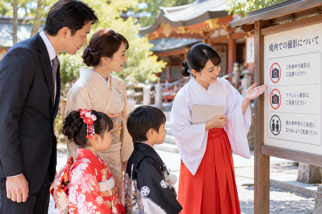 七五三で神社の境内撮影ルールを確認する家族の様子