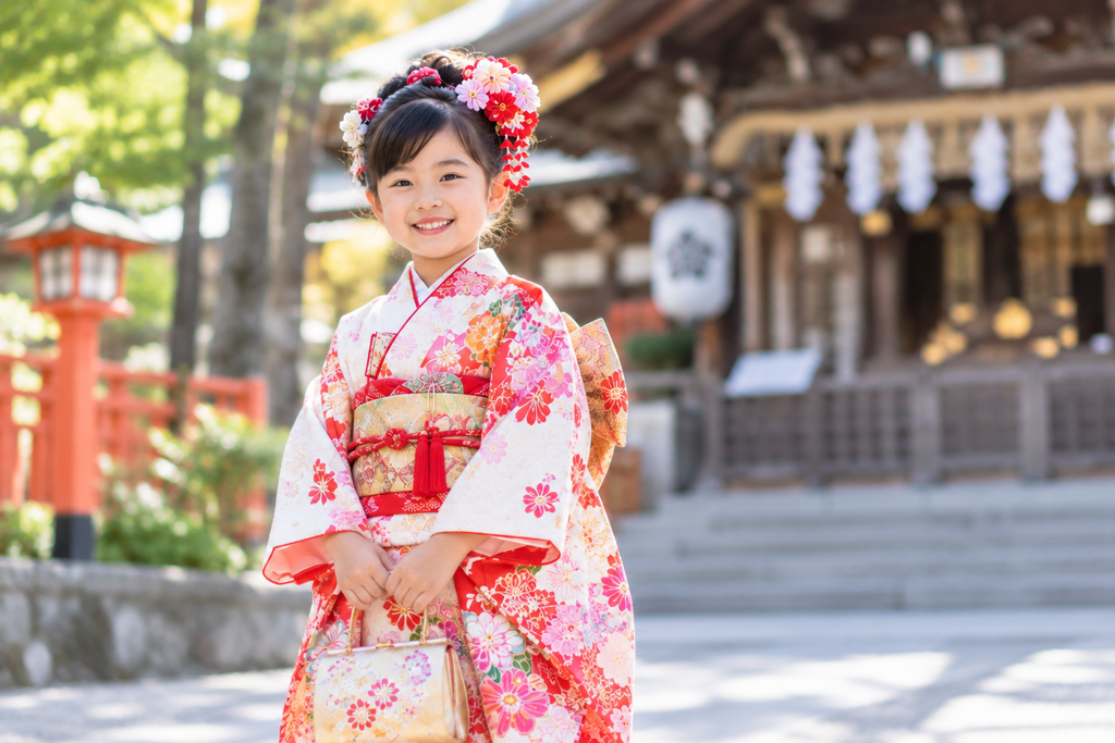 七五三で帯を締めた着物を着る7歳の女の子の様子
