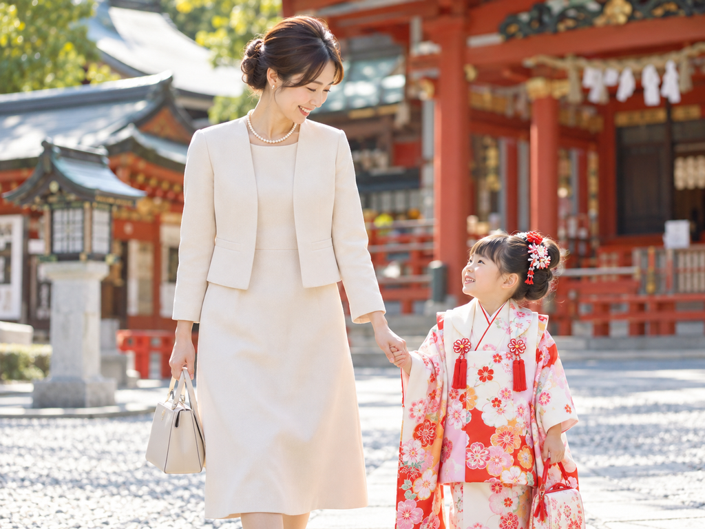 七五三で上品な洋装をした母親と着物姿の子どもが神社を歩く様子