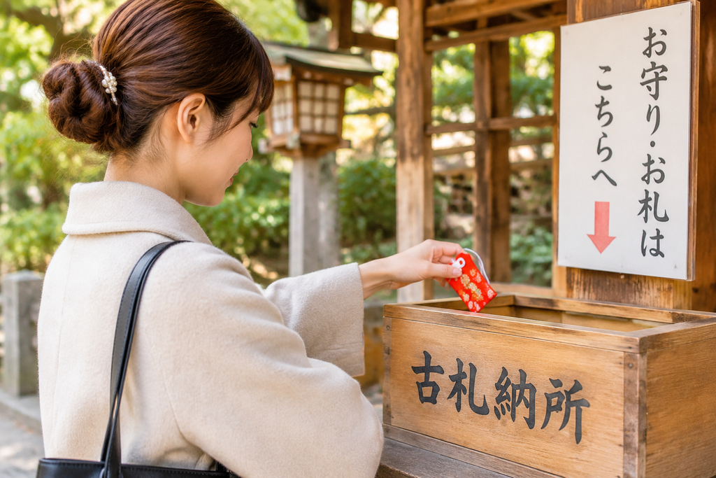 神社の古札納所へお守りを返納する様子