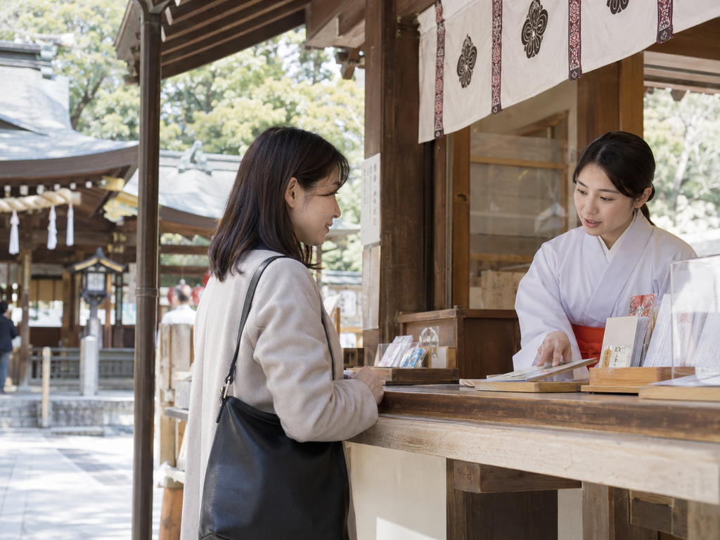 節分を過ぎてから神社で厄払いの受付について確認している様子