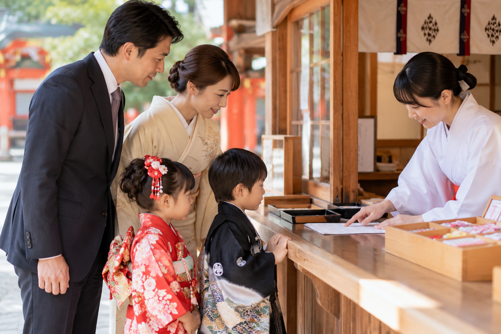七五三当日に神社の受付でご祈祷の申し込みをする家族の様子