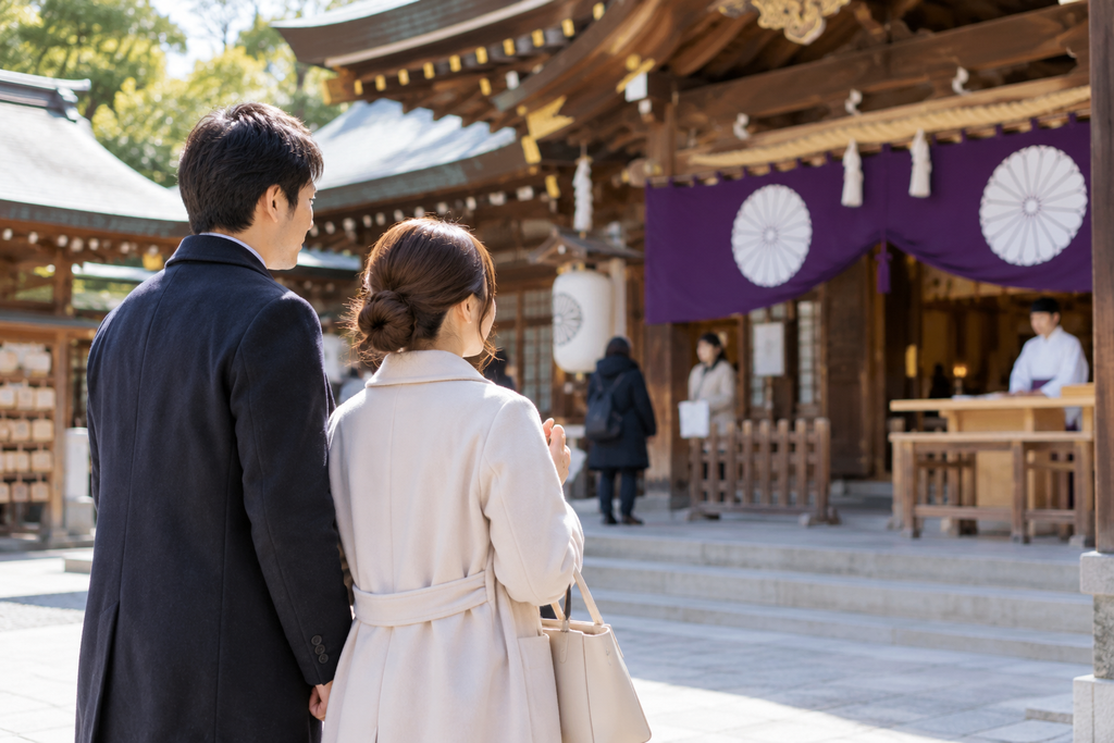 厄払いを受けるため清潔感のある服装で神社を訪れている様子