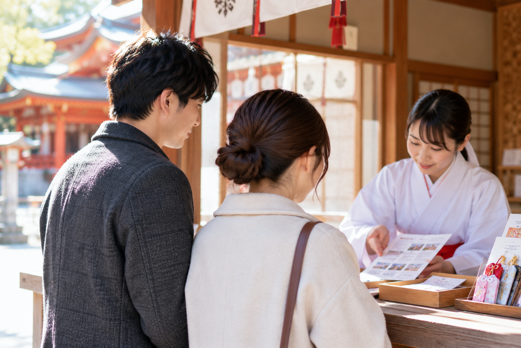 厄払いを受ける時期や受付について神社で確認している様子